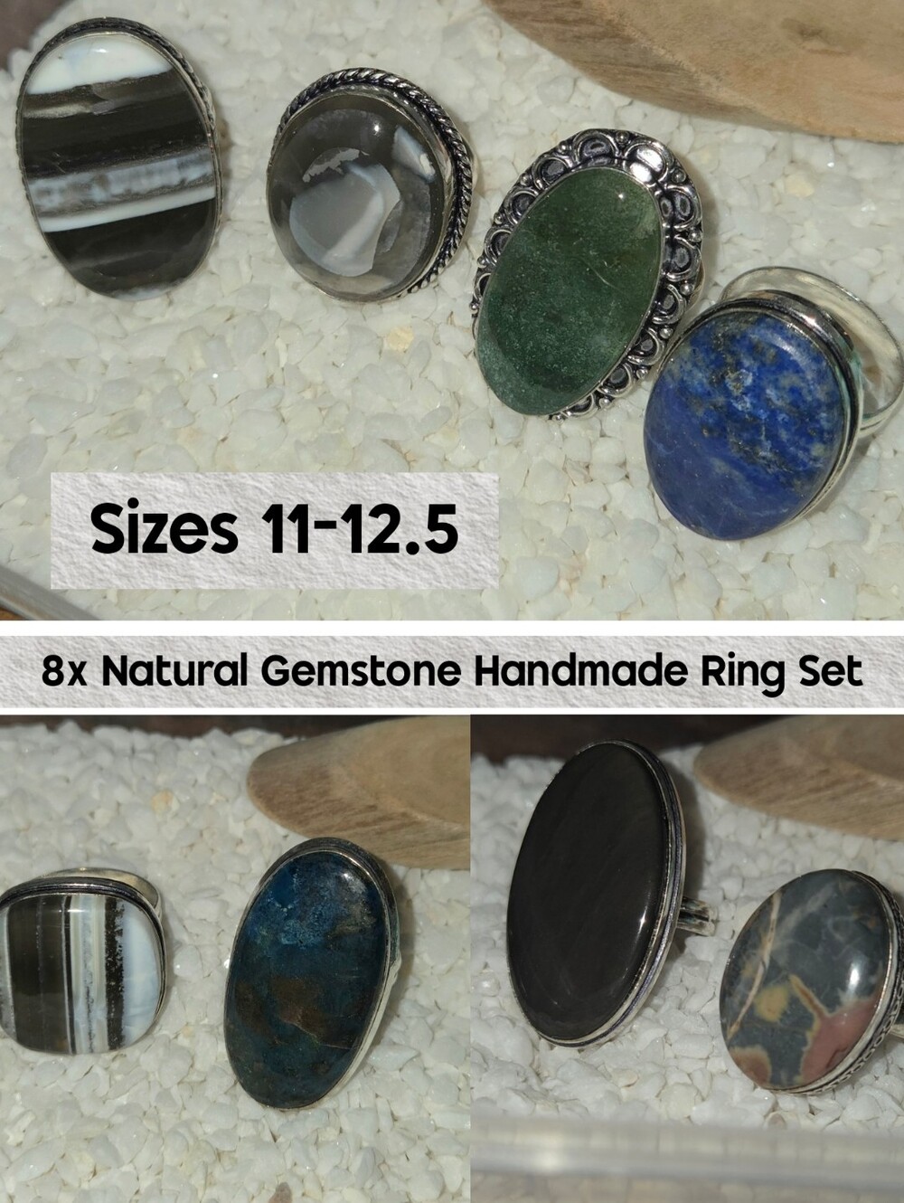 8pcs Natural Gemstone Chunky Handmade Ring Set Plus Size 11-12.5 Opal Onyx Agate